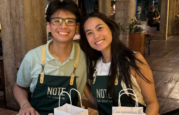 koreanbeautycouplenotebags Perfume Workshop by NOTE The Scent Lab Couple with personalized perfume and NOTE bags at workshop Saigon