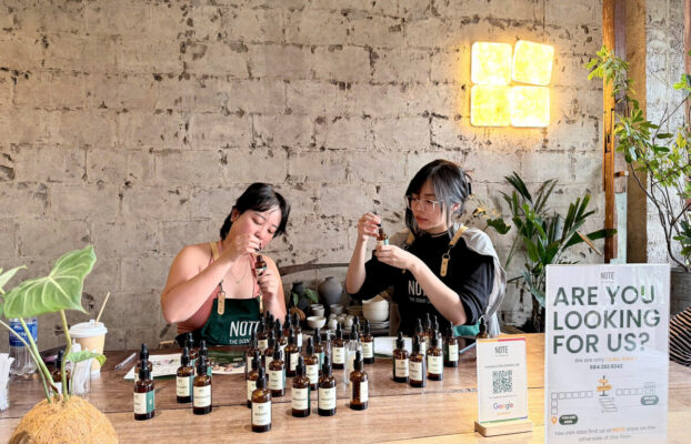 operahouseareasmellingnotes Perfume Workshop by NOTE The Scent Lab Visitors smelling fragrance notes at perfume workshop near Saigon Opera House