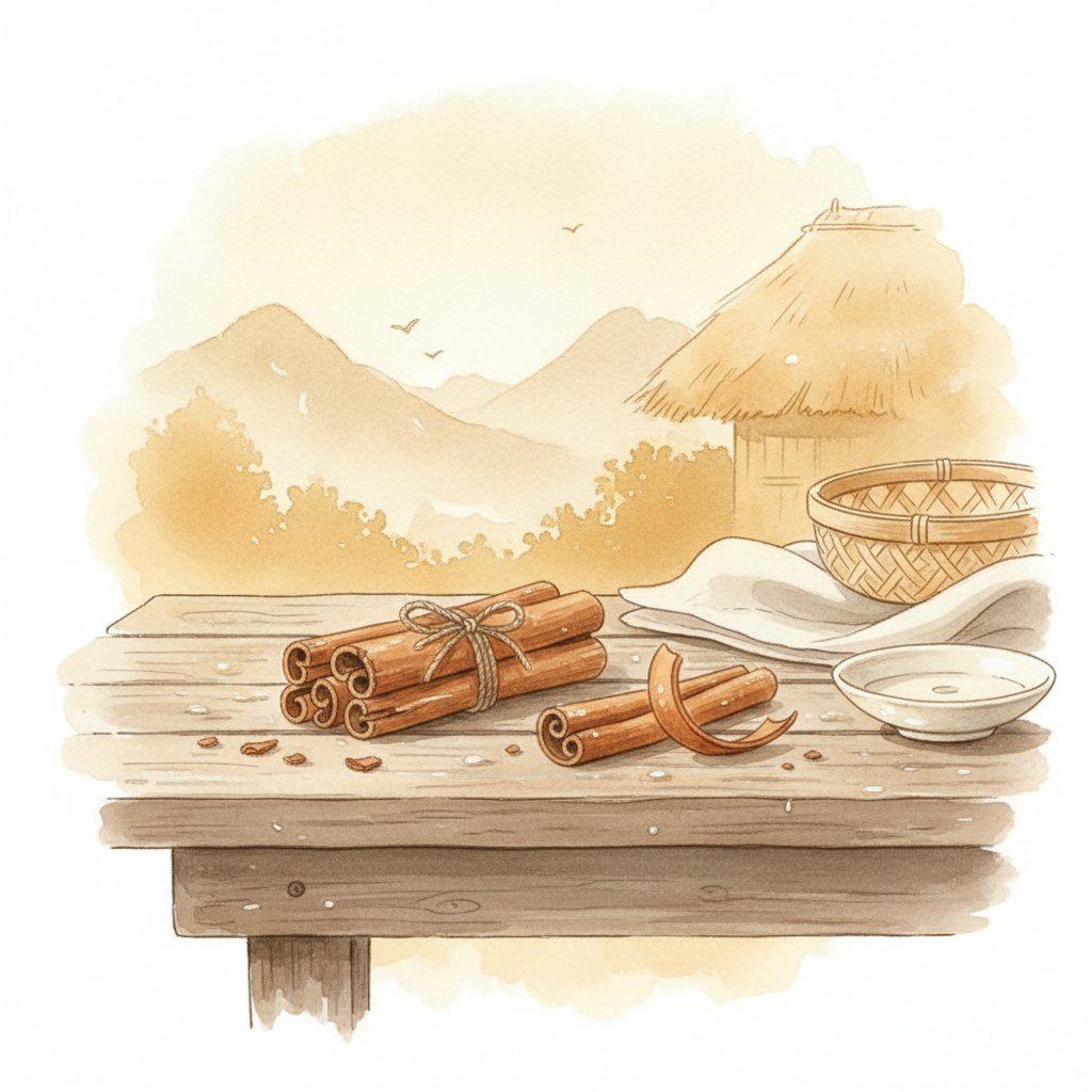 Studio Ghibli watercolor illustration of cinnamon — Vietnamese perfume ingredient and Central Vietnam fragrance signature