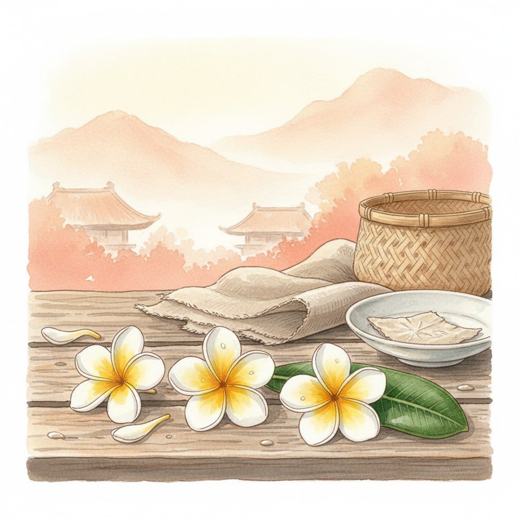 Studio Ghibli watercolor of frangipani — Southeast Asia signature floral