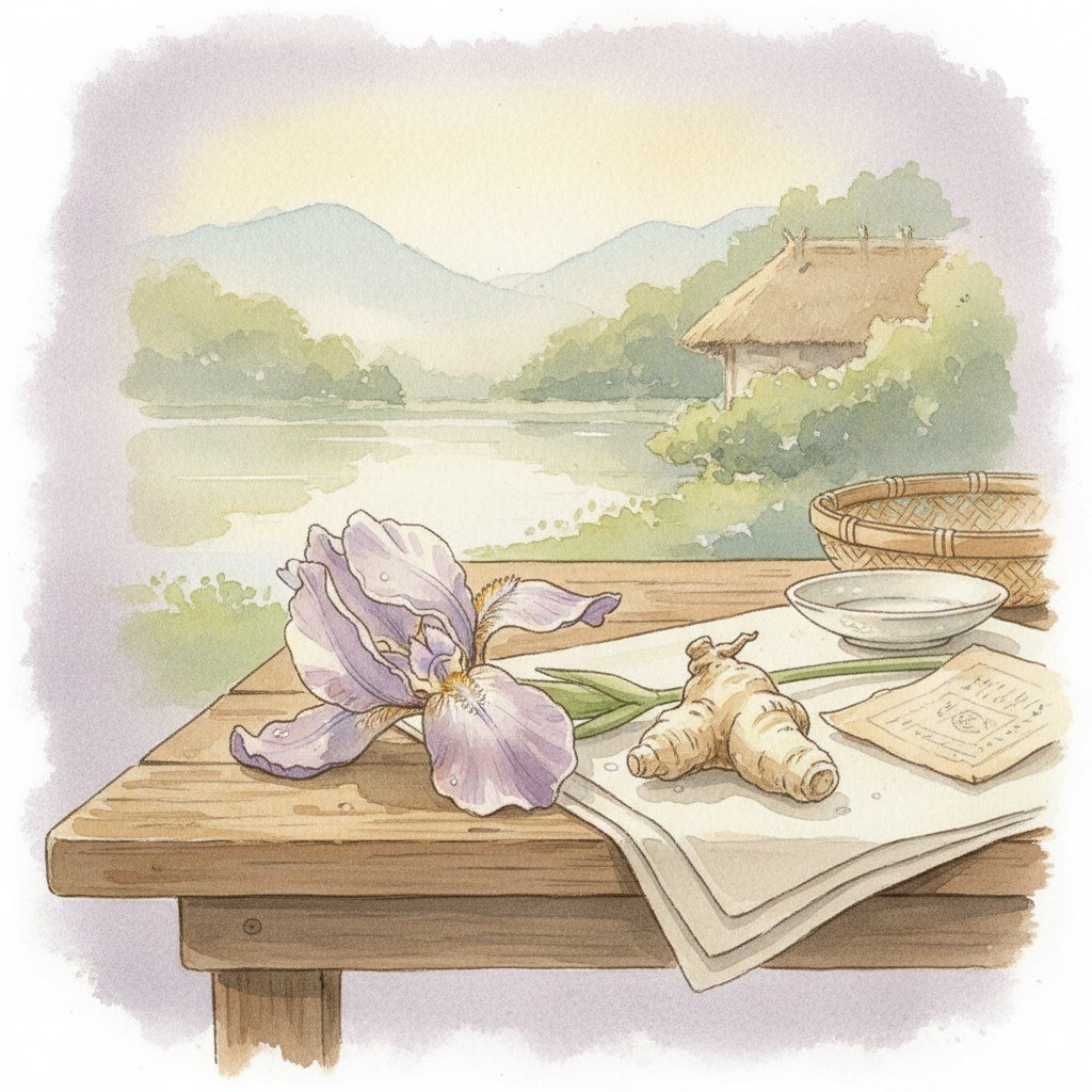 Studio Ghibli watercolor of iris — Vietnamese floral perfume ingredient