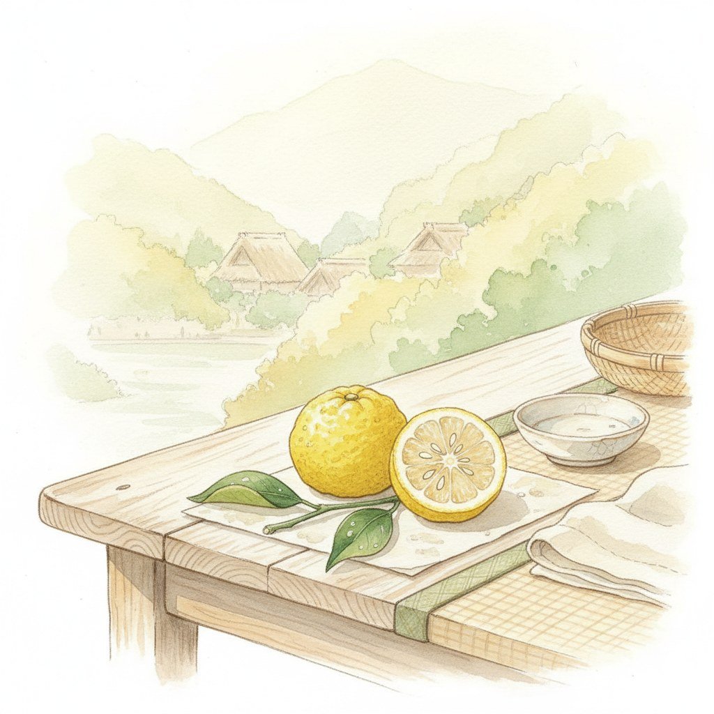 Studio Ghibli watercolor of yuzu — Vietnamese citrus perfume ingredient